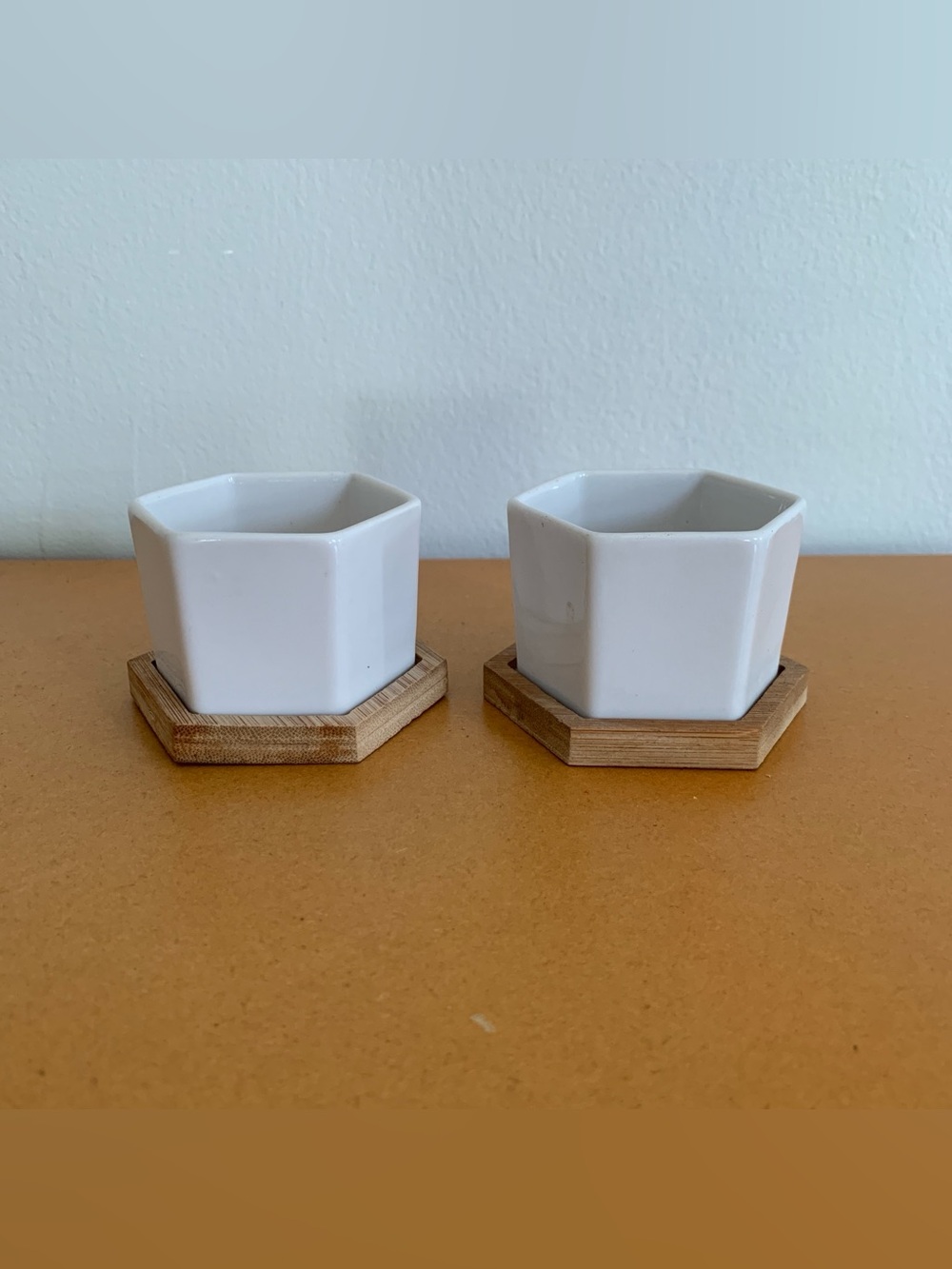 2.5” White Mini Set Of 2 Ceramic Succulent Pots Bamboo Trays for Plants Hexagon